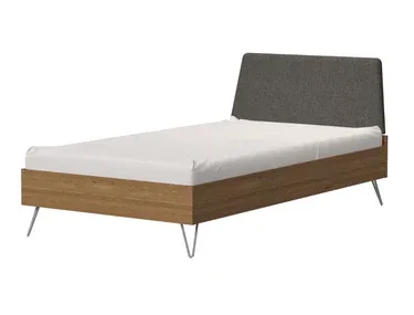 Modern wooden Sydney single bed featuring a grey upholstered headboard, minimalist design, and sturdy metal legs.