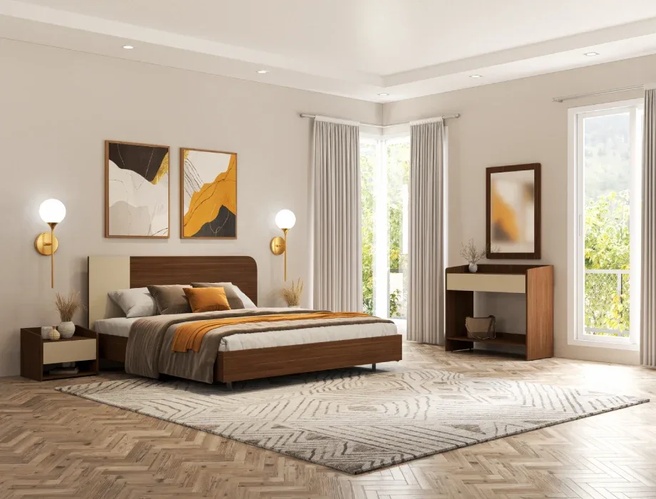 Modern Walnut Upholstered Bed Frame | Contemporary Wooden Bedroom Bed