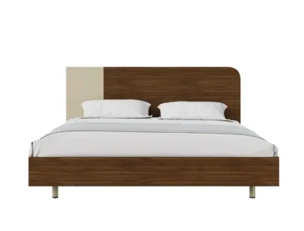 Modern walnut upholstered bed frame with cushioned headboard in a contemporary bedroom.
