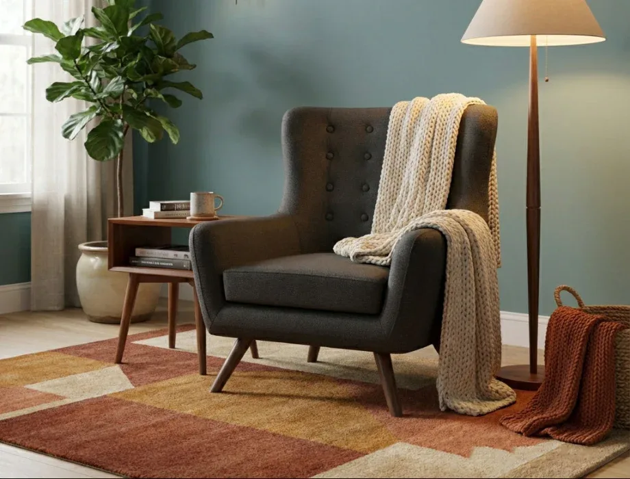 Contemporary fabric wingback armchair with cushioned seat and solid wood legs