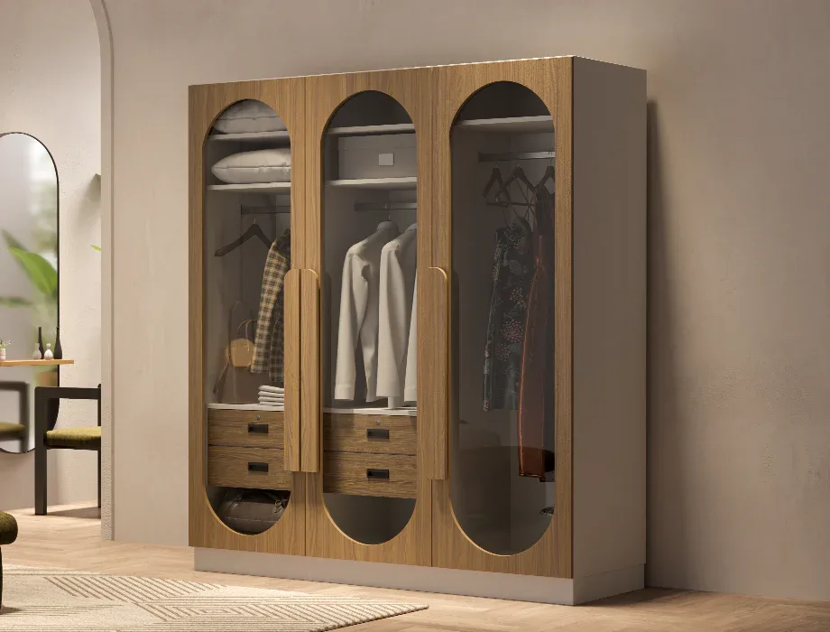 Aurora 3 Door Wooden Wardrobe with Glass Doors | Modern Bedroom Storage Cabinet Contemporary 3 door wardrobe for bedroom storage