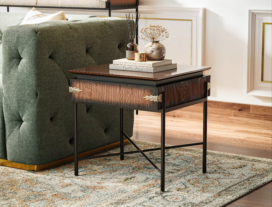 Fluted wooden side table with drawer and black metal frame