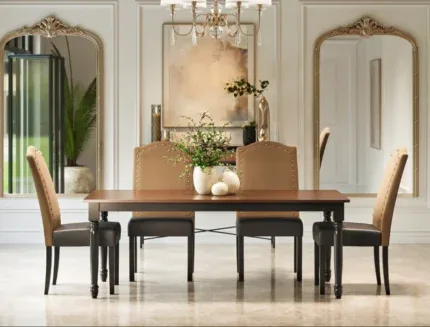 Elegant wooden dining table set featuring nailhead trim high-back chairs.