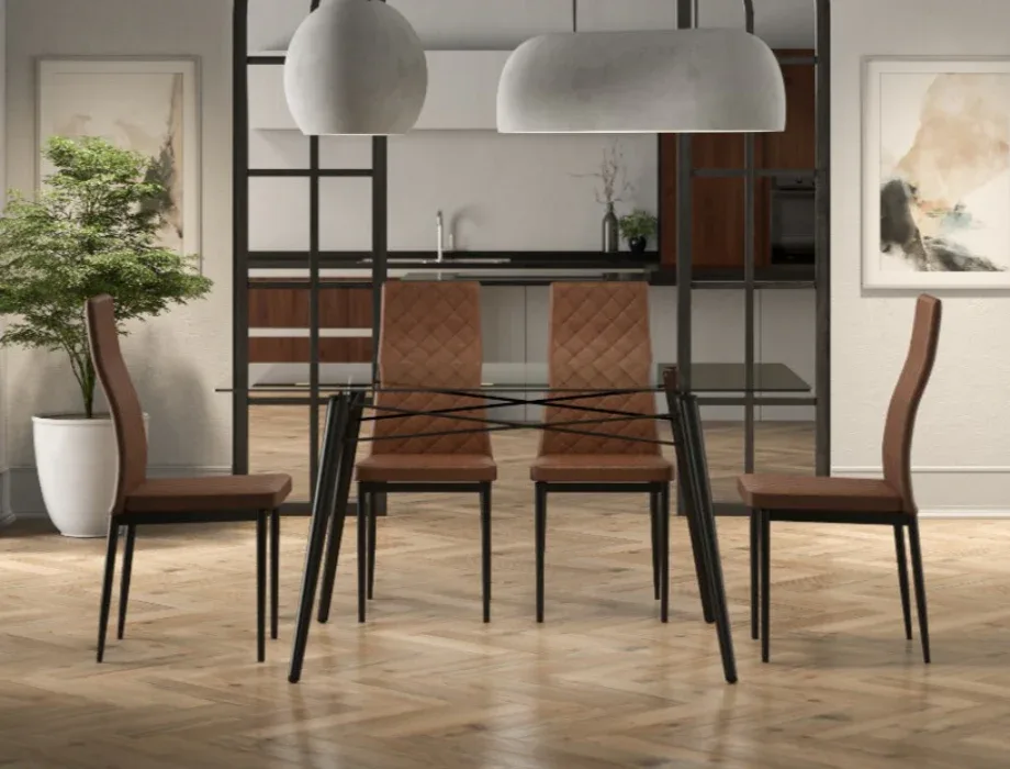 Modern 4-Seater Glass Dining Table Set with Brown Upholstered Chairs Stylish dining room furniture featuring a glass tabletop and quilted dining chairs.