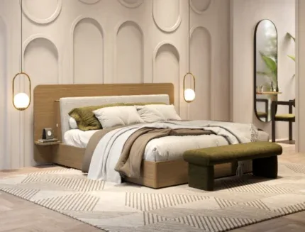 Aurora upholstered wooden bed with a soft fabric headboard in a modern luxury bedroom setting.