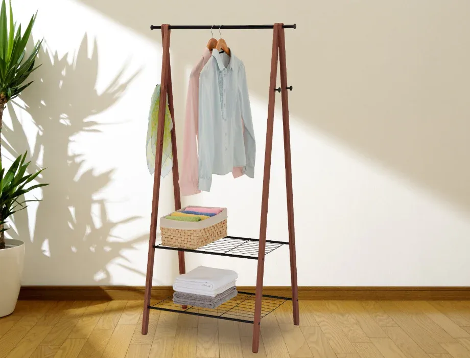 Nordic Wooden Garment Rack with Storage Shelves | Modern Freestanding Clothes Organizer Bedroom garment rack with shoe storage shelves