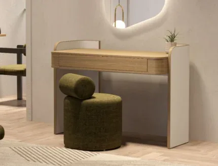 Contemporary wooden vanity table with matching stool