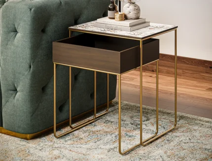 Modern bedside table with marble top and storage drawer
