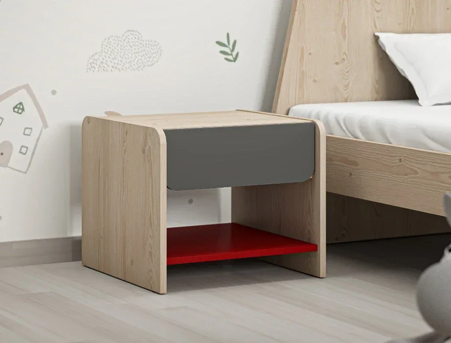Contemporary wooden nightstand with drawer and open storage shelf.