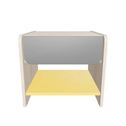 Minimalist wooden nightstand with drawer and open shelf for modern bedroom storage.