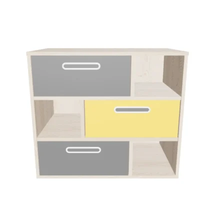 Oak kids dresser with grey and yellow drawers