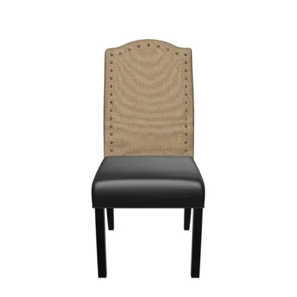 Modern upholstered dining chair with high back, decorative nailhead trim, and padded seat beside a wooden dining table.
