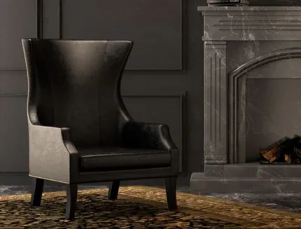 Luxury black leather wingback lounge chair featuring a high-back design, cushioned seat, curved armrests, and wooden legs.