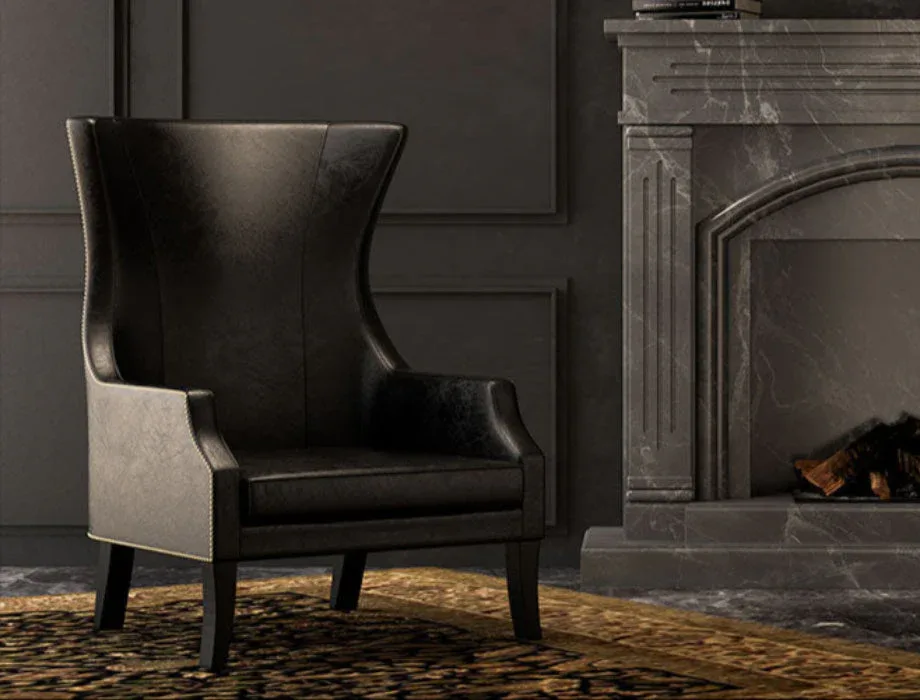 Luxury black leather wingback lounge chair featuring a high-back design, cushioned seat, curved armrests, and wooden legs.