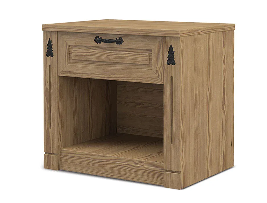 Classic oak wooden bedside table with drawer and open shelf beside a modern bed.