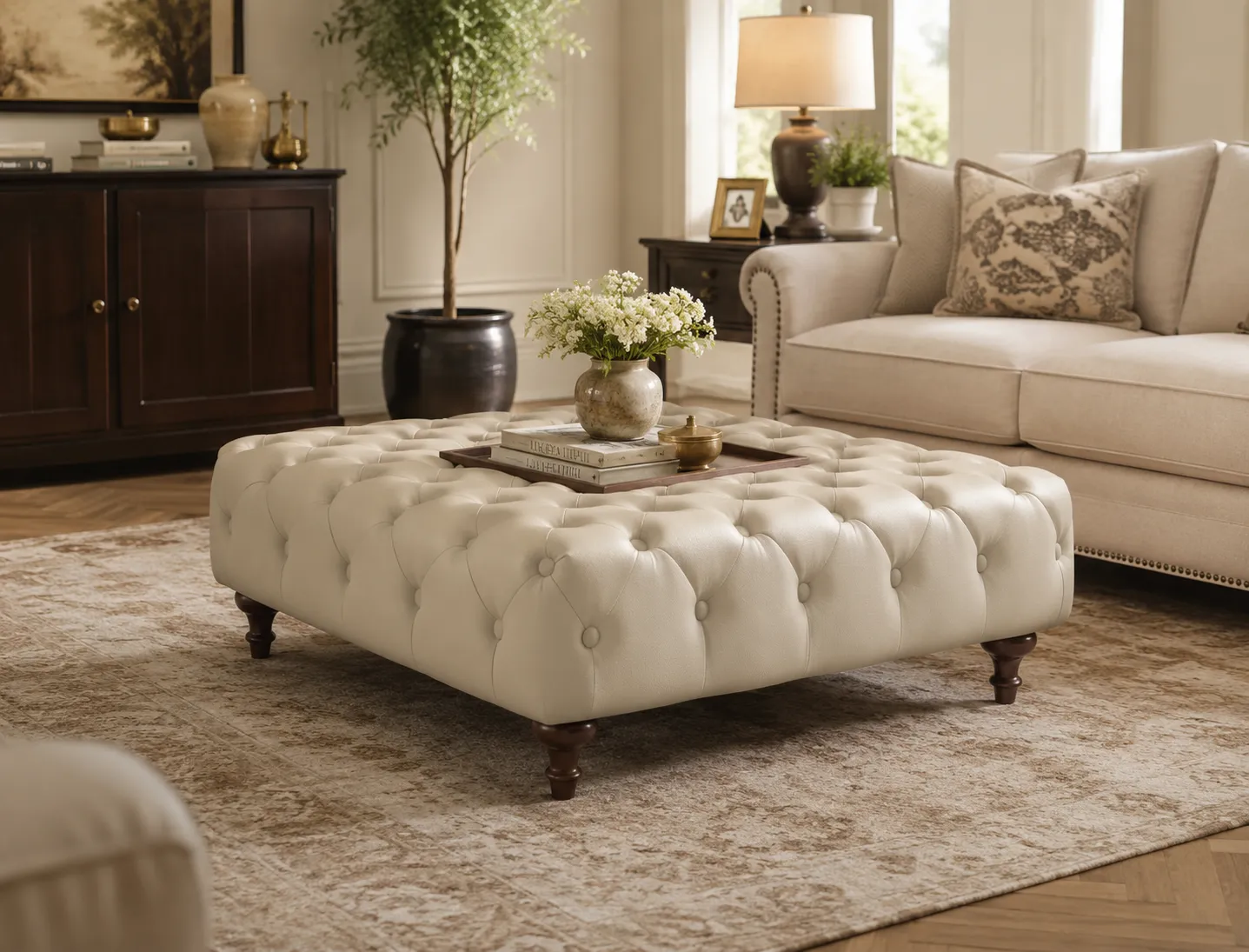 Chesterfield Tufted Square Ottoman – Premium Upholstered Coffee Table Ottoman Luxury cream upholstered square ottoman with wooden legs