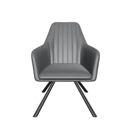 Modern upholstered dining arm chair with black faux leather, vertical channel stitching, and black metal legs beside a round dining table.