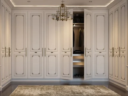 Luxury classic white wooden wardrobe with paneled doors and spacious bedroom storage.