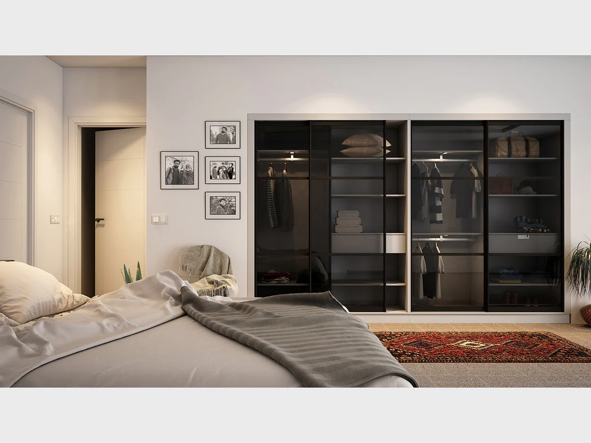 Modern Sliding Glass Door Wardrobe | Premium Bedroom Closet with Mirror & Smoked Glass Optionsdrobe-black-1c9f4f9-interwood-mobel_1160x_crop_center Luxury sliding wardrobe featuring smoked glass panels and organized shelving.