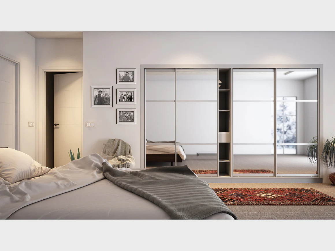 Modern Sliding Glass Door Wardrobe | Premium Bedroom Closet with Mirror & Smoked Glass Options Modern sliding glass wardrobe with mirrored doors and spacious bedroom storage.