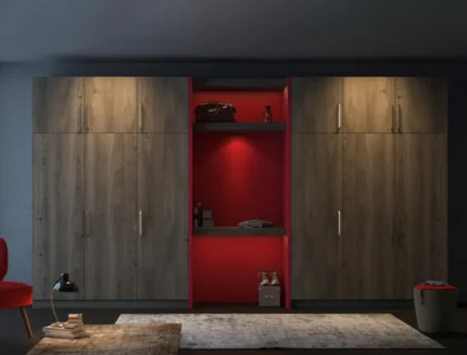 Modern wooden wardrobe with eight doors and illuminated center display shelves.