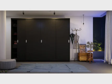 Modern sliding door wooden wardrobe with spacious bedroom storage and open side shelves.