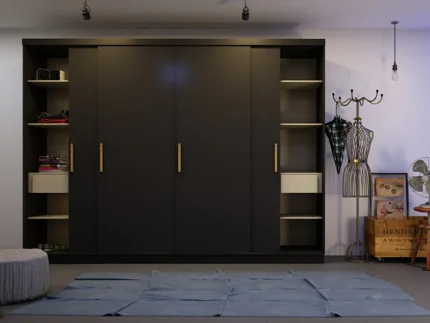 Contemporary bedroom wardrobe featuring sliding doors, drawers, and hanging storage.