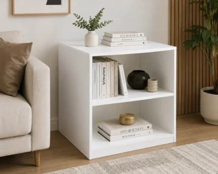 Modern white open storage side table with bookshelf