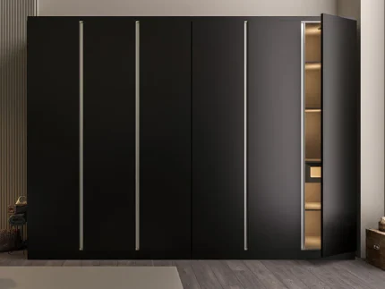 Modern six-door wooden wardrobe in matte white with minimalist integrated handles.