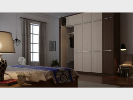 Modern six-door wooden wardrobe with overhead cabinets and spacious bedroom storage.