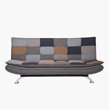 Contemporary convertible sleeper sofa with cushioned patchwork upholstery.
