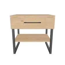 Modern wooden bedside table with drawer, open shelf, and black metal frame.