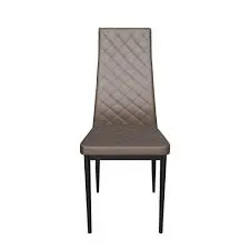 Modern 4-seater glass dining table set with brown upholstered chairs and black metal frame.