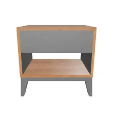 Modern walnut bedside table with storage drawer and open shelf beside a contemporary bed.
