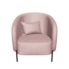 Blush modern accent chair with textured fabric upholstery, curved barrel back, and black metal legs. Alt Text 2