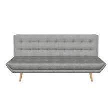 Modern grey fabric sofa cum bed with button-tufted backrest and wooden legs.