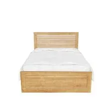 Modern wooden bedroom furniture set featuring a slatted bed frame, bedside table, dressing mirror, and natural oak finish.