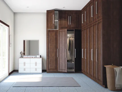L-shaped bedroom wardrobe available in Natural Oak, White, Graphite Black, and Dark Walnut finishes.