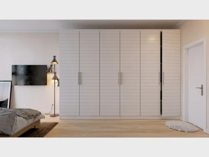 Modern 6 door wooden wardrobe with horizontal panel doors and spacious bedroom storage.