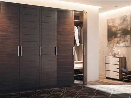 Modern wooden wardrobe with walnut finish and spacious bedroom storage compartments.
