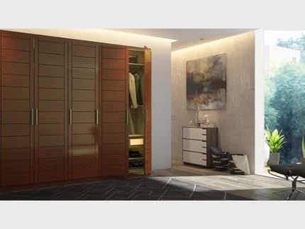Premium teak wood wardrobe featuring multiple doors and hanging storage.