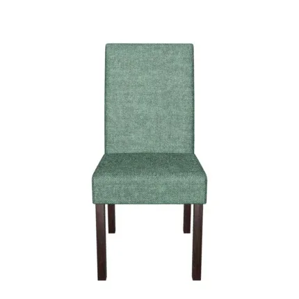 Modern high-back upholstered dining chair with soft teal fabric and solid wood legs beside a contemporary dining table.