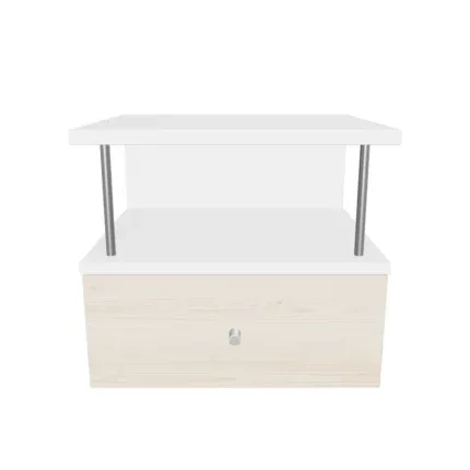 Modern floating bedside table with drawer and open shelf in a contemporary bedroom.
