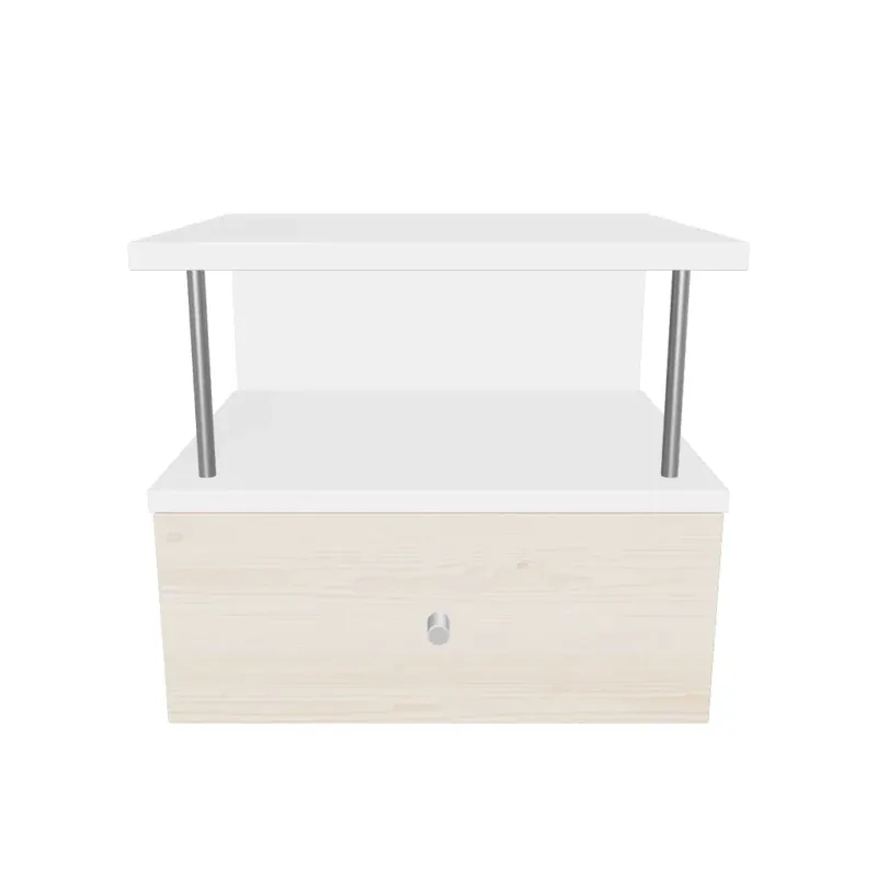 Modern floating bedside table with drawer and open shelf in a contemporary bedroom.