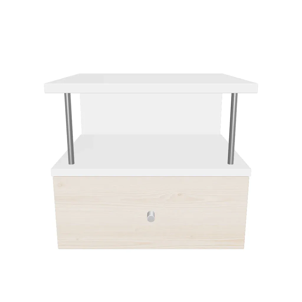 Modern Floating Bedside Table with Drawer | Wall Mounted Wooden Nightstand Modern floating bedside table with drawer and open shelf in a contemporary bedroom.