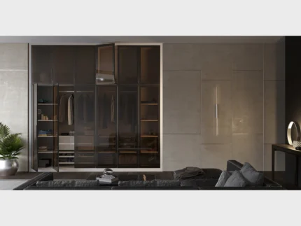 Modern glass door wardrobe with smoked glass panels and spacious bedroom storage.