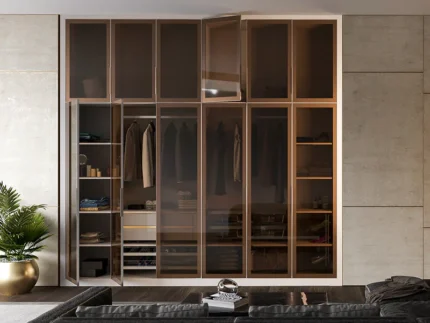 Contemporary glass wardrobe with hanging space, shelves, and drawer storage.