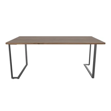 Modern 6-seater wooden dining table set with black upholstered chairs.