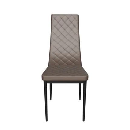 Modern diamond quilted faux leather dining chair with a high back and black metal legs beside a contemporary glass dining table.
