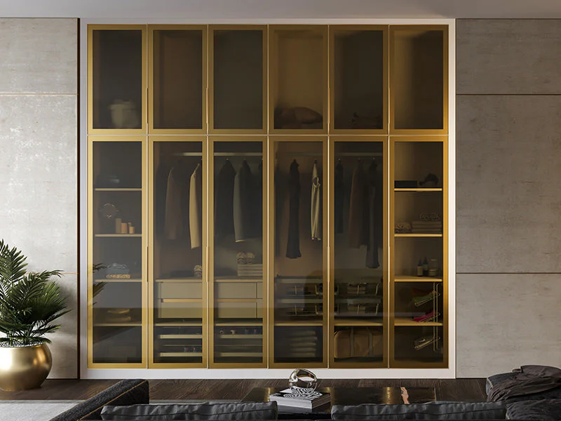 Modern Glass Door Wardrobe | Luxury 8-Door Bedroom Closet with Display Storage Luxury bedroom wardrobe featuring tinted glass doors and multiple storage compartments.